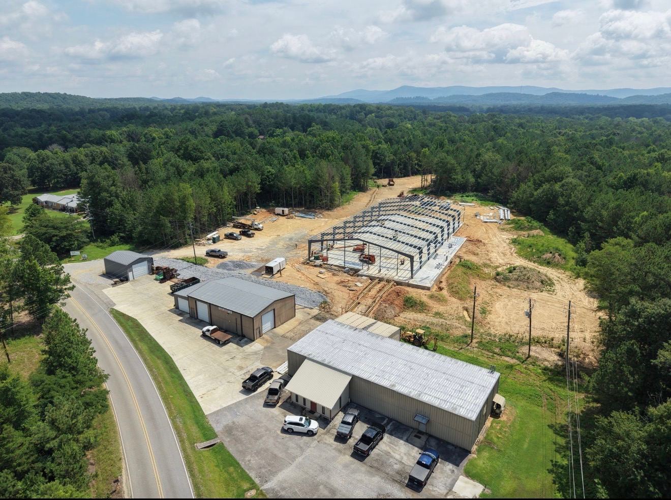 Aerial view of the Bryant Machine pre-engineered metal building going up in Jacksonville, Alabama